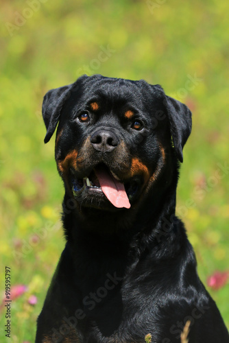 Frühling - Portrait Rottweiler Hund in Blumenwiese