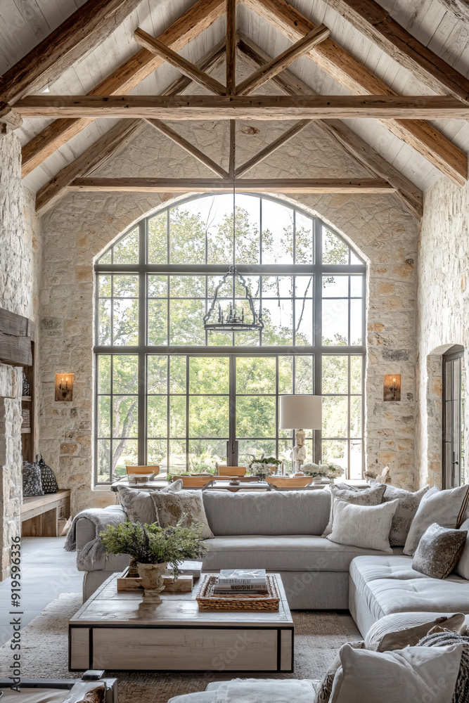 Rustic Living Room with Large Windows and Stone Walls. Rustic Living Room with Large Windows and Stone Walls.