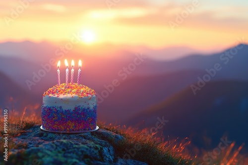Celebrating a special occasion with a decorated cake at sunset in the mountains
