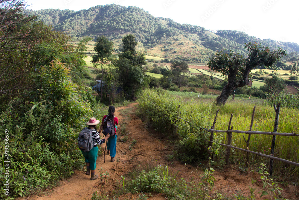 TREK FROM KALAW TO INLE LAKE, MYANMAR (BURMA) - NOVEMBER 7-9, 2016: Tourists walk 3 days from Kalaw to Inle Lake seeing the landscapes of Myanmar. TREK FROM KALAW TO INLE LAKE, MYANMAR (BURMA) - NOVEMBER 7-9, 2016: Tourists walk 3 days from Kalaw to Inle Lake seeing the landscapes of Myanmar.