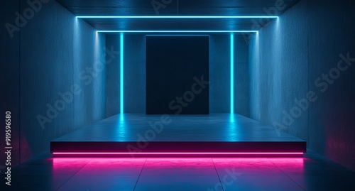 A neon futuristic concrete backlit spotlight product presentation with space for copy