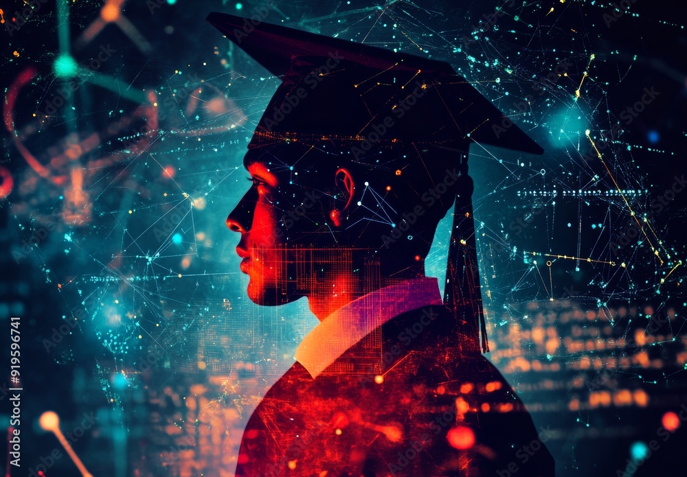 The rendering of a virtual human silhouette on a technology background is in 3D The rendering of a virtual human silhouette on a technology background is in 3D