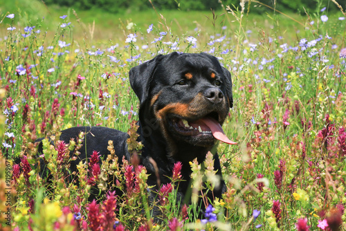 Rottweiler Hund in Blumenwiese