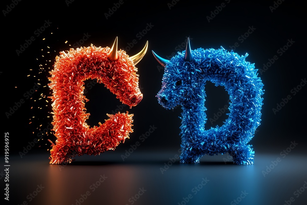 Creative illustration of bull and bear in the form of C and D letters, representing market trends in vibrant colors and unique design. Creative illustration of bull and bear in the form of C and D letters, representing market trends in vibrant colors and unique design.
