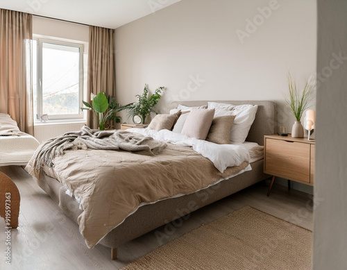 a comfortable, contemporary bedroom with a cut-out bed and bedding in muted colors. photo