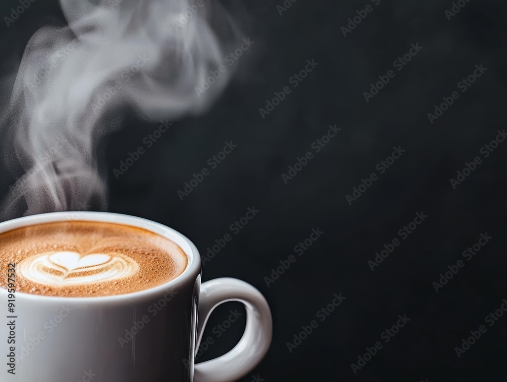 A close-up of a freshly brewed cup of coffee, with steam rising from the surface