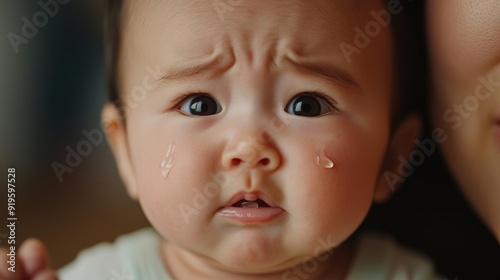 A close-up of a crying baby with teardrops on their chubby cheeks, reaching out for their mother