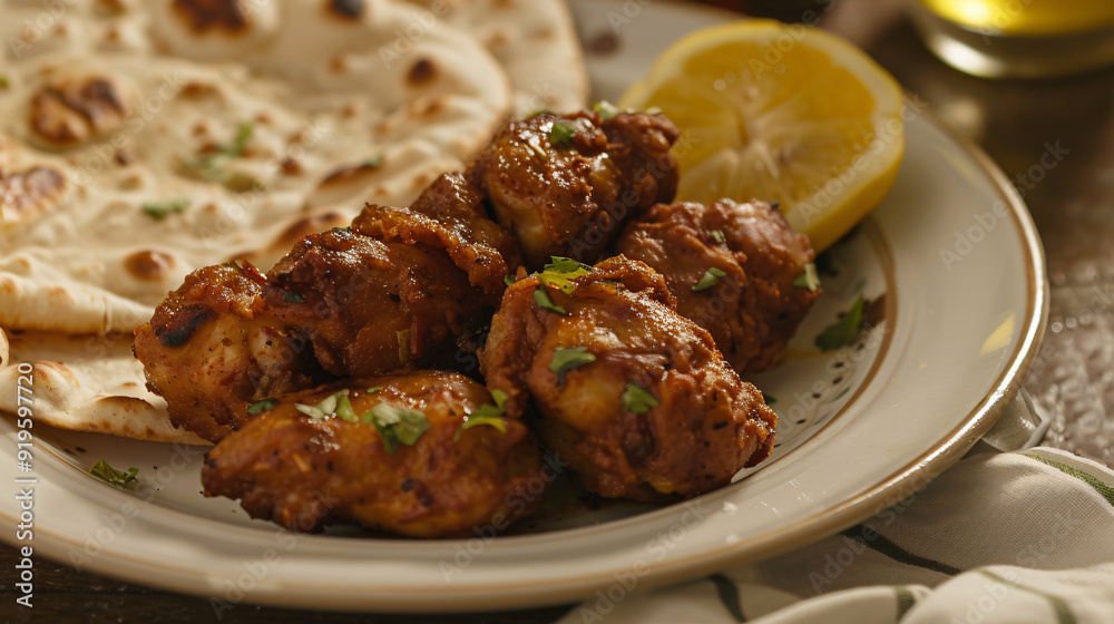 Chicken tikka masala with coriander seasoning, served with naan bread and a side of lemon Chicken tikka masala with coriander seasoning, served with naan bread and a side of lemon