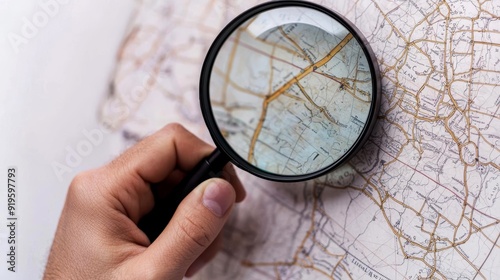 A close-up of a hand holding a magnifying glass, examining an old map