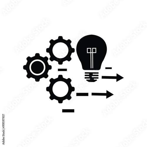 solution execute develop icon, implement idea, configuration cogwheel with light bulb, flat vector illustration