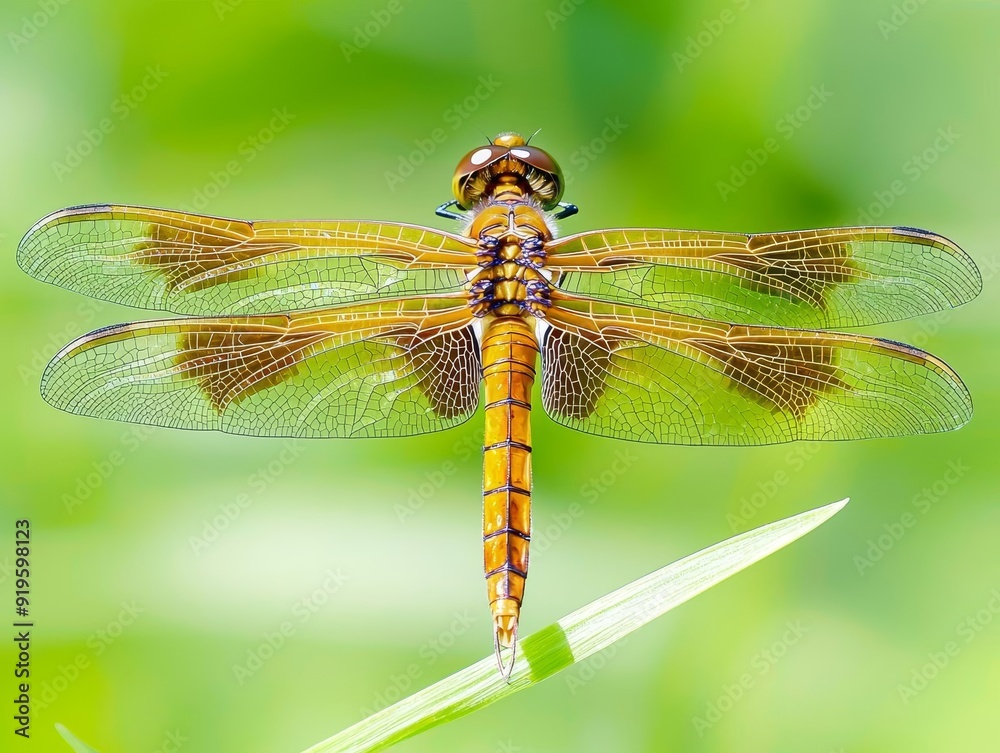 A detailed image of a dragonfly resting on a blade of grass, with its wings catching the sunlight A detailed image of a dragonfly resting on a blade of grass, with its wings catching the sunlight