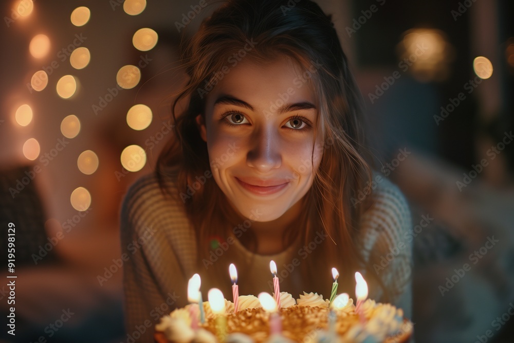 Young woman smiling at camera with birthday cake and lit candles. Young woman smiling at camera with birthday cake and lit candles.