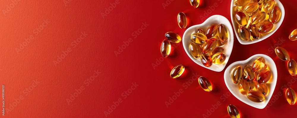 Fototapeta premium Three white heart shaped bowls filled with golden capsules on a red background. Space for text.