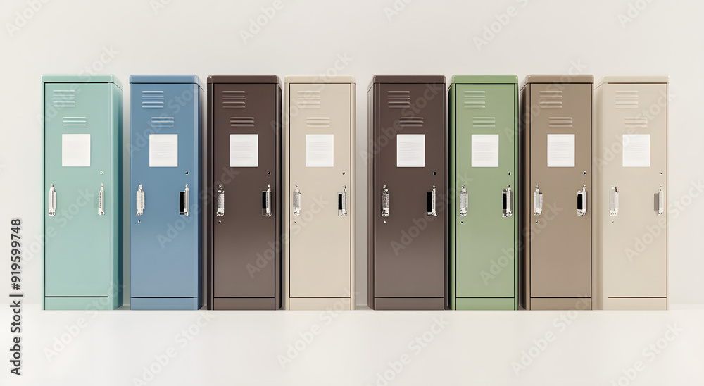 Row of Metal School Lockers in Various Colors with Handles Row of Metal School Lockers in Various Colors with Handles