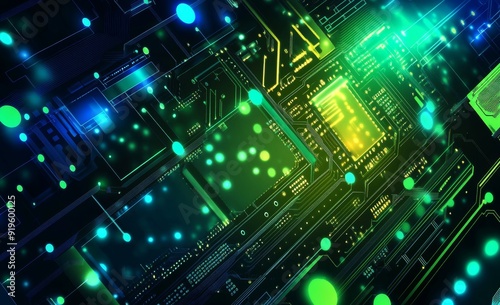 A futuristic abstract circuit board illustration. A circuit board pattern with various technology elements for a digital abstract technology background.