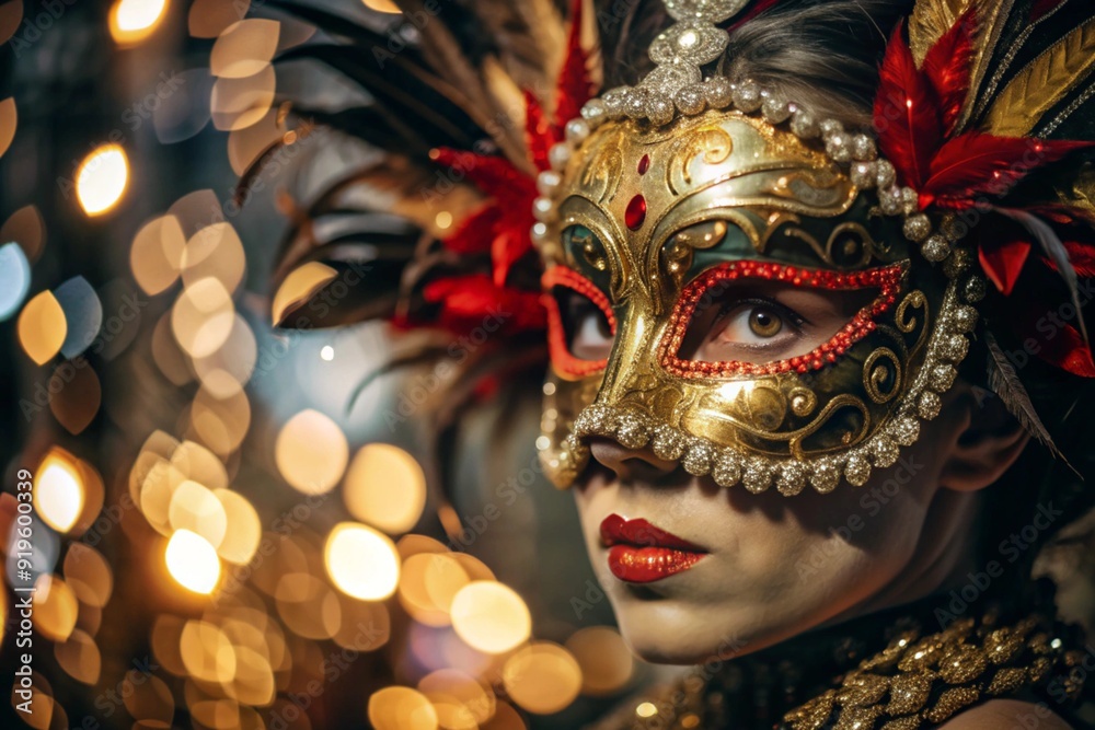 The Venetian Carnival. Close-up of a woman in an ornate carnival mask. Bright colors convey an atmosphere of celebration and luxury. The Venetian Carnival. Close-up of a woman in an ornate carnival mask. Bright colors convey an atmosphere of celebration and luxury.