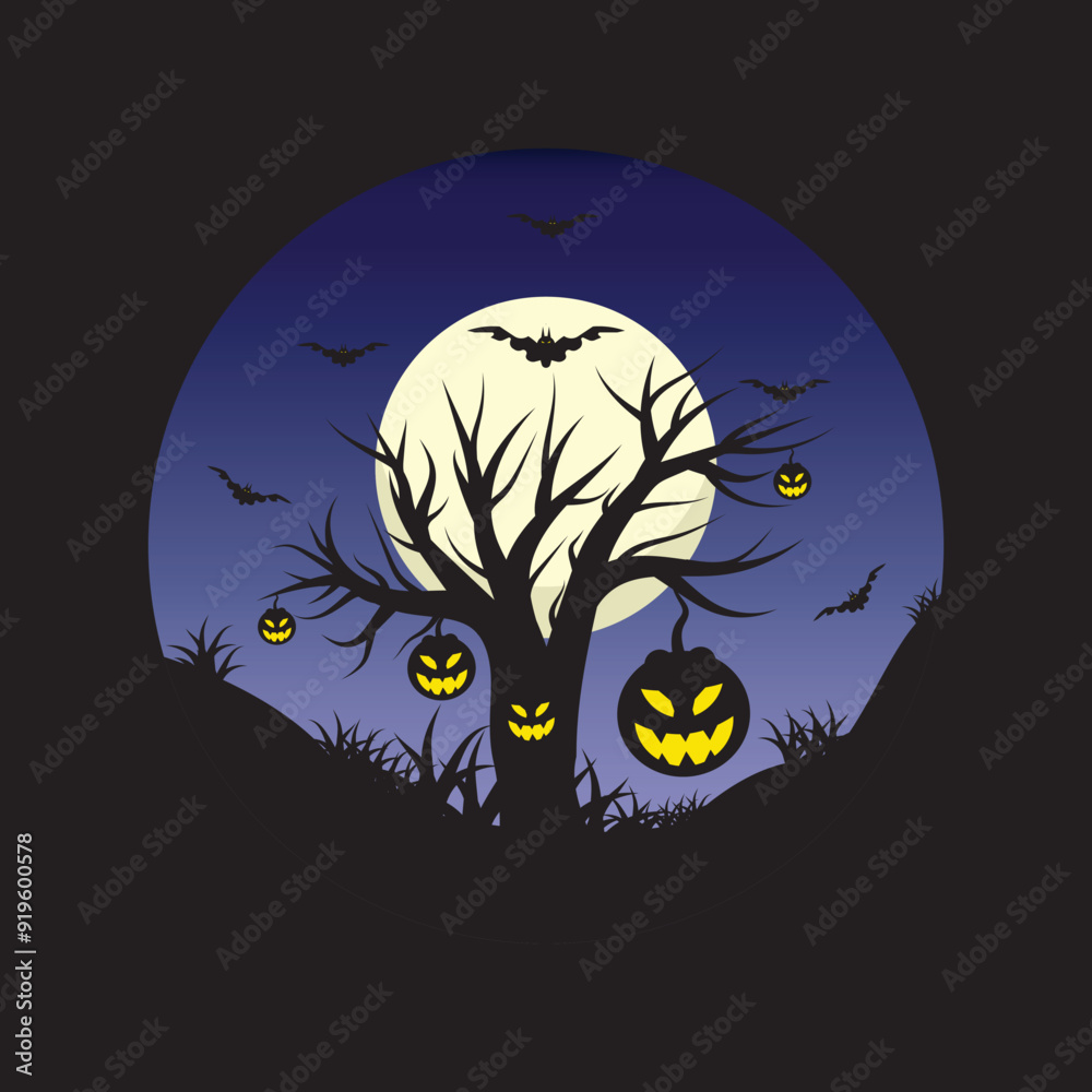 Fototapeta premium Night illustration with trees, Halloween, bats, pumpkins on circle background.