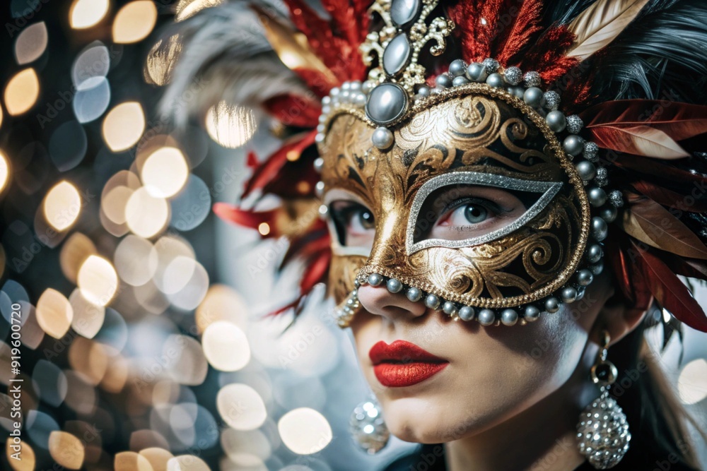 The Venetian Carnival. Close-up of a woman in an ornate carnival mask. Bright colors convey an atmosphere of celebration and luxury. The Venetian Carnival. Close-up of a woman in an ornate carnival mask. Bright colors convey an atmosphere of celebration and luxury.