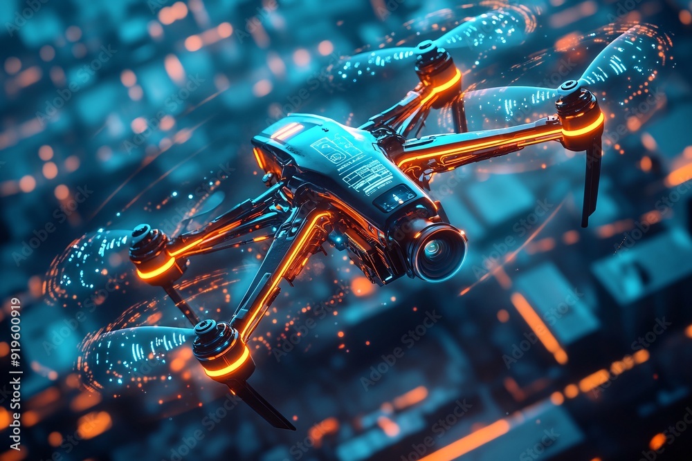 Futuristic Drone Soaring Through a Digital Background Futuristic Drone Soaring Through a Digital Background