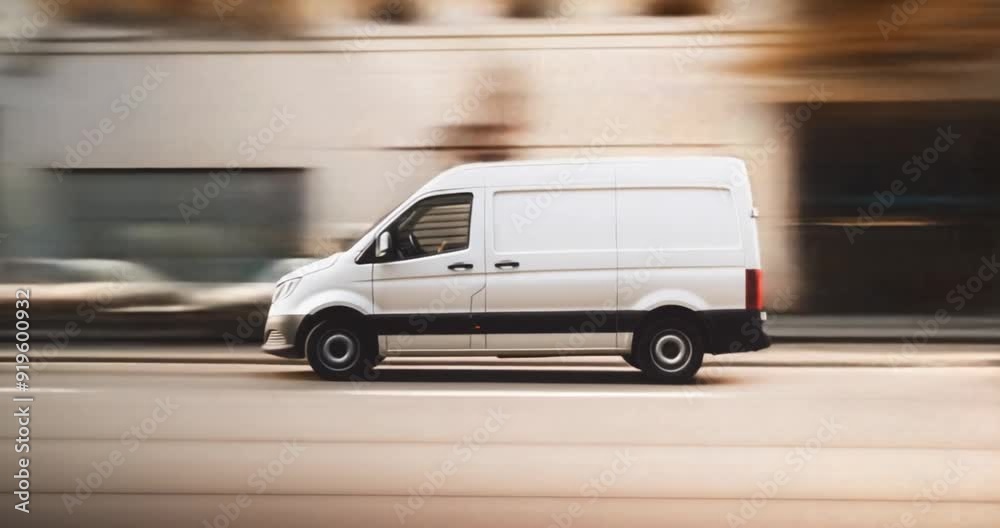 white delivery van, minivan truck courier automobile driving moving in fast motion on city street road, side view center of background, seamless loop looping