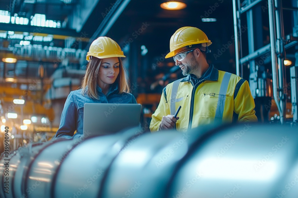 Empowered Latina woman working with technology in a modern factory. Empowered Latina woman working with technology in a modern factory.