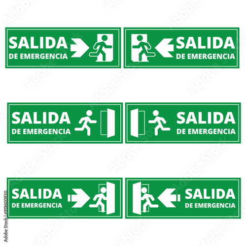 Cartel de salida de emergencia en verde con letras blancas. Vector
