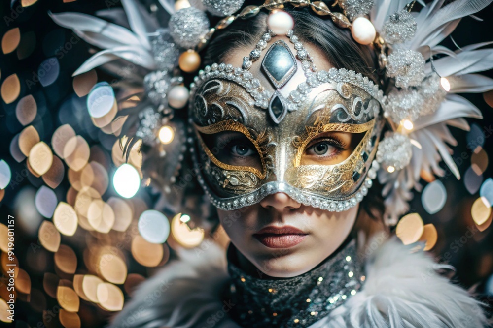 The Venetian Carnival. Close-up of a woman in an ornate carnival mask. Bright colors convey an atmosphere of celebration and luxury. The Venetian Carnival. Close-up of a woman in an ornate carnival mask. Bright colors convey an atmosphere of celebration and luxury.