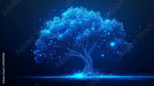 This is a concept of network technology, or big data, a blue polygonal tree with futuristic elements. This is an example of synthetic intelligence.