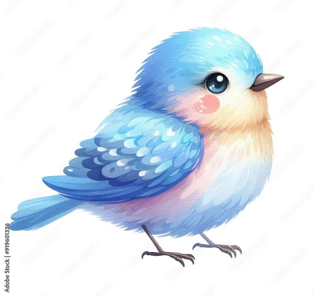 Obraz premium Cute baby bird with blue and pink feathers, hand drawn watercolor style, isolated illustration, for children's illustration design, clip art.