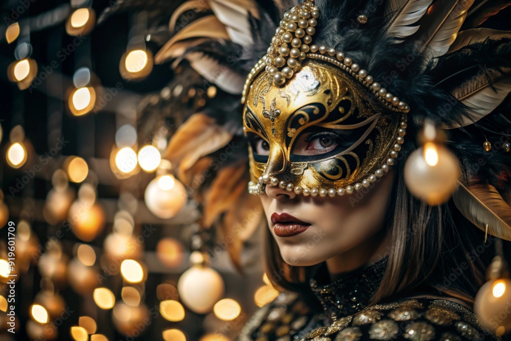 The Venetian Carnival. Close-up of a woman in an ornate carnival mask. Bright colors convey an atmosphere of celebration and luxury. The Venetian Carnival. Close-up of a woman in an ornate carnival mask. Bright colors convey an atmosphere of celebration and luxury.