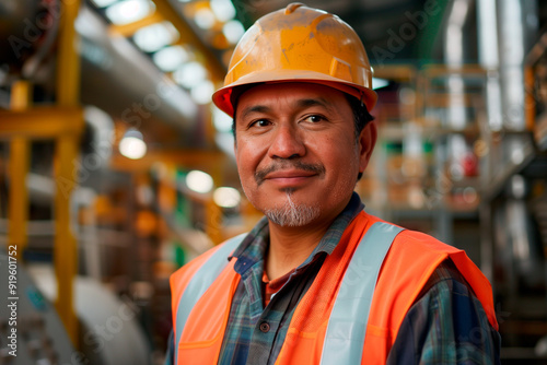 Adult Latino man with helmet and safety equipment in an industrial company