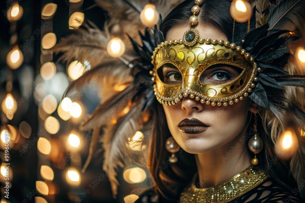 The Venetian Carnival. Close-up of a woman in an ornate carnival mask. Bright colors convey an atmosphere of celebration and luxury. The Venetian Carnival. Close-up of a woman in an ornate carnival mask. Bright colors convey an atmosphere of celebration and luxury.