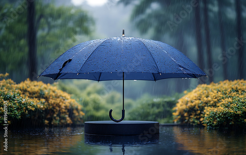 Umbrella on Podium with Monsoon Backdrop for Seasonal Promotion
