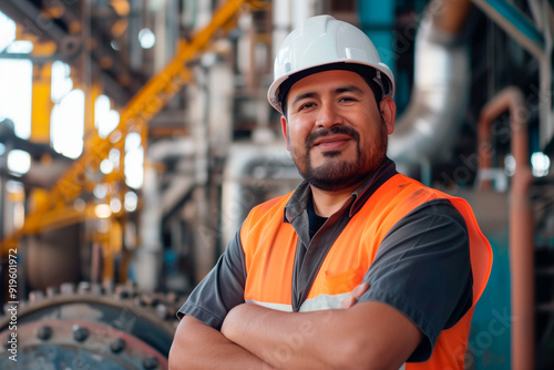 Latin man with helmet and safety equipment in an industry with happy expression photo