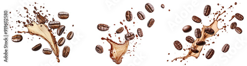 Coffee beans with a splash of coffee isolated on transparent background