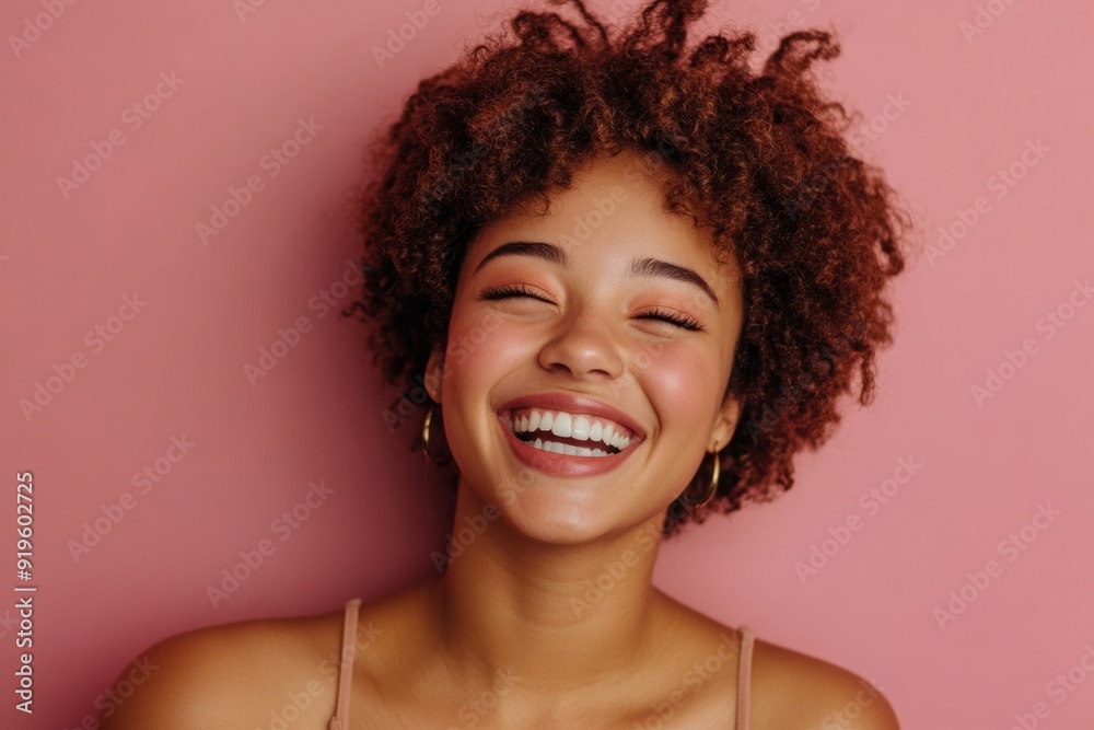 Young laughing woman against pink background, Generative AI Young laughing woman against pink background, Generative AI