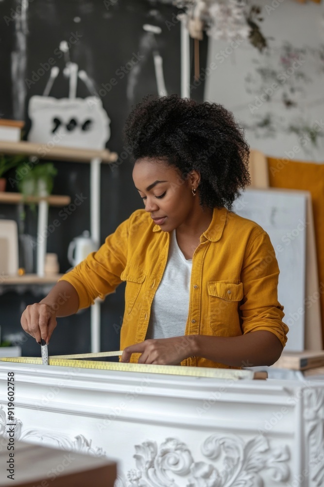Black female furniture store worker measuring a table with a meter Black female furniture store worker measuring a table with a meter