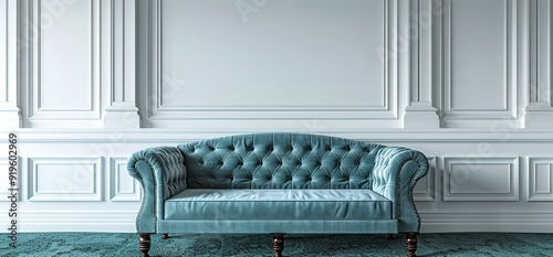 A luxurious teal velvet sofa sits in a room with white walls and ornate molding. The sofa is tufted and has a classic design.