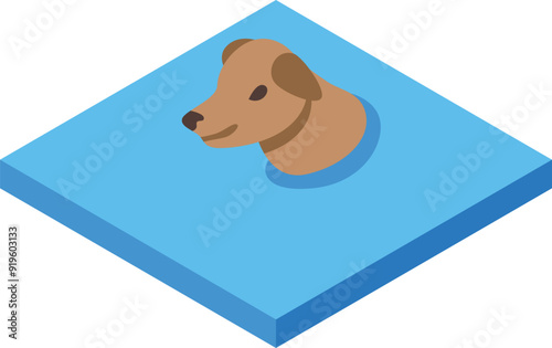 Cute dog head is swimming happily in blue water in this isometric vector illustration
