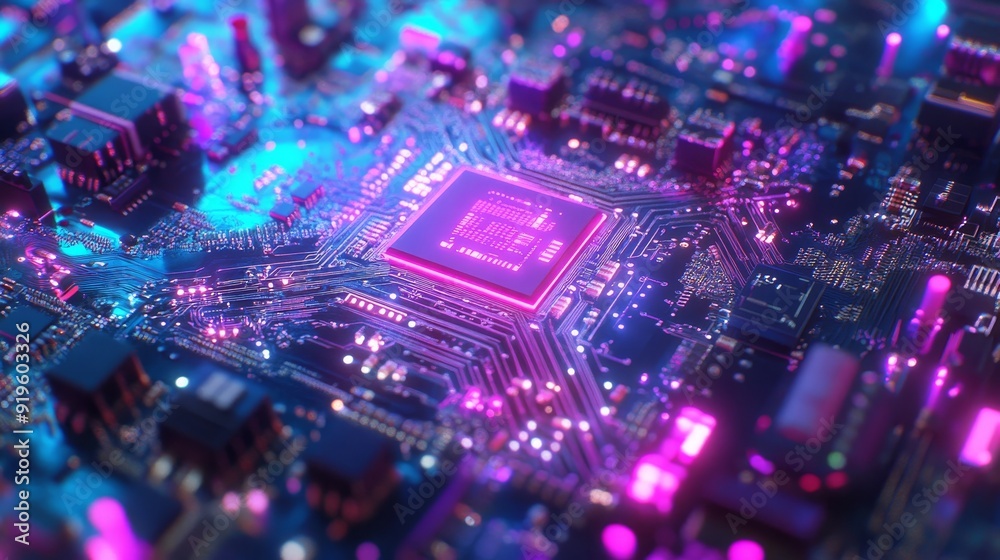 Using Blue and Purple technology circuit boards with glowing electronic components as a futuristic digital concept for innovation and connectedness Using Blue and Purple technology circuit boards with glowing electronic components as a futuristic digital concept for innovation and connectedness