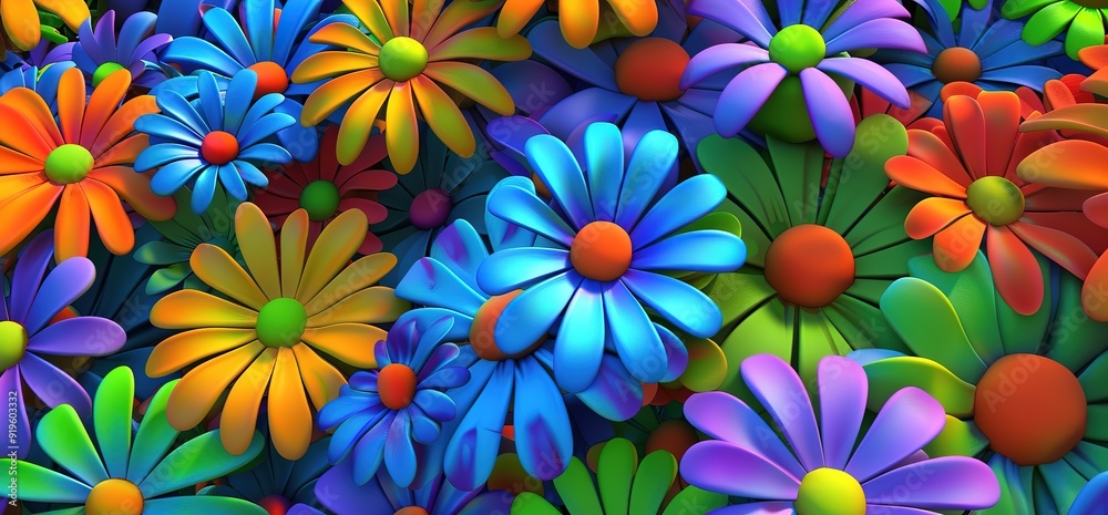 Colorful 3D daisies in various shades of blue, green, red, orange, and yellow.  Vibrant and cheerful background for any project.