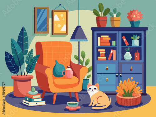 Interior with cat and houseplants. Composition with cozy home, relaxing pet cats on armchair and cupboard with flower and pots. Hygge room. Vector illustration
