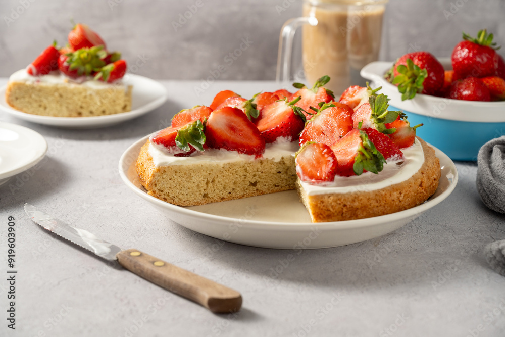 British sponge cake with fresh strawberries. British sponge cake with fresh strawberries.