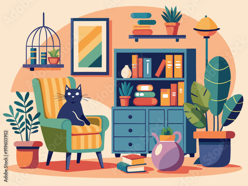Interior with cat and houseplants. Composition with cozy home, relaxing pet cats on armchair and cupboard with flower and pots. Hygge room. Vector illustration
