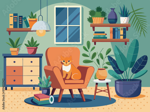 Interior with cat and houseplants. Composition with cozy home, relaxing pet cats on armchair and cupboard with flower and pots. Hygge room. Vector illustration
