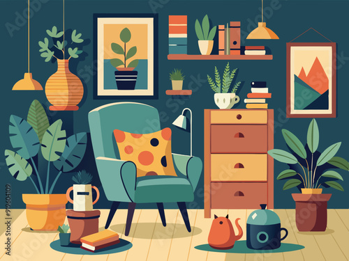 Interior with cat and houseplants. Composition with cozy home, relaxing pet cats on armchair and cupboard with flower and pots. Hygge room. Vector illustration
