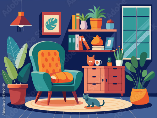 Interior with cat and houseplants. Composition with cozy home, relaxing pet cats on armchair and cupboard with flower and pots. Hygge room. Vector illustration
