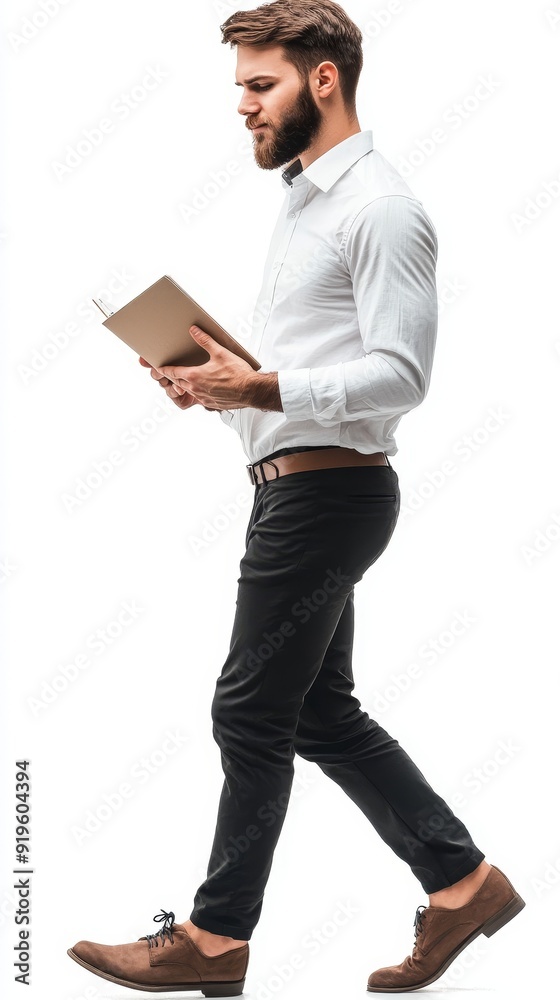 Profile view of young bearded businessman walking while reading notebook or planner. Full body isolated on white background, Generative AI Profile view of young bearded businessman walking while reading notebook or planner. Full body isolated on white background, Generative AI