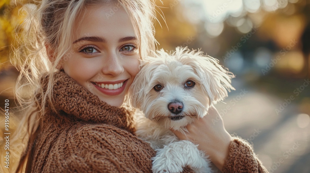 Portrait of beautiful young woman holding her dog in hands. Cute white dog in arms of loving owner Portrait of beautiful young woman holding her dog in hands. Cute white dog in arms of loving owner