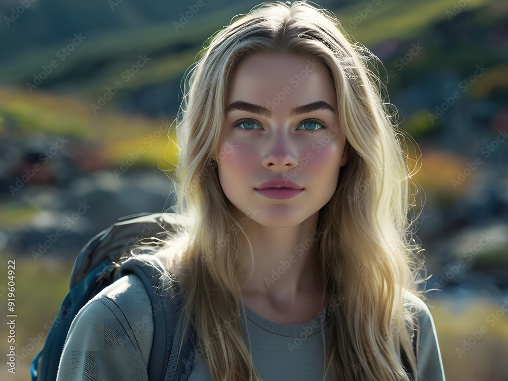 Naklejka premium Young woman with blonde hair and blue eyes in outdoor landscape